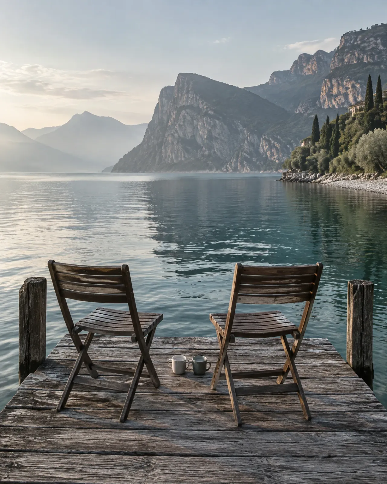 Due sedie di legno affiancate in fondo a un pontile sul lago di Garda, di mattina, con due tazze fra le sedie.
