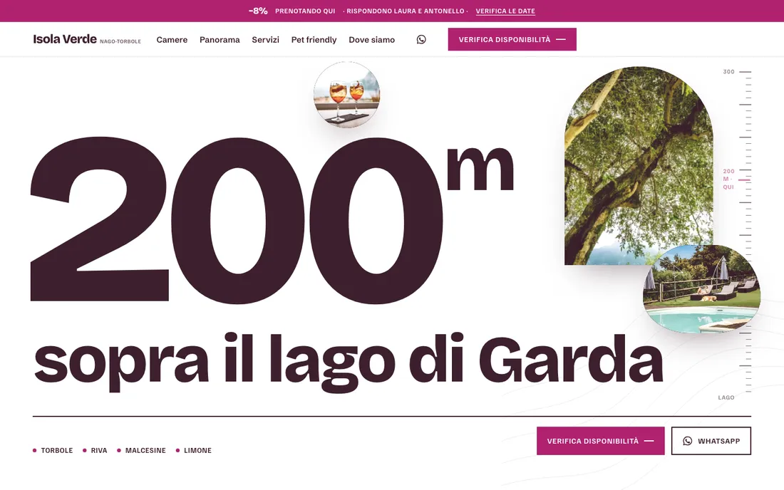 La prima schermata del sito di Hotel Isola Verde: il titolo «200 m sopra il lago di Garda», tre foto di ulivo, piscina e spritz e i pulsanti per verificare la disponibilità.